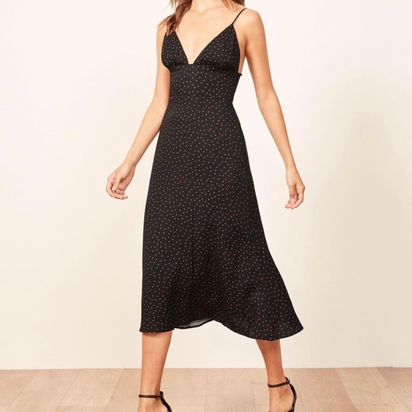 Reformation Talita Midi Dress Navy Blue and Red Tie Shoulders - Picture 1 of 15
